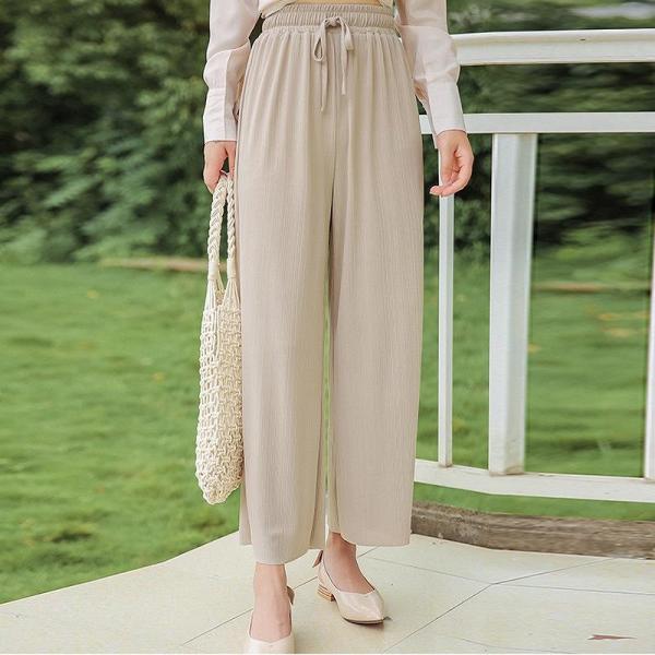 レディース ボトムス ワイドパンツ アンクル丈 ウエスト調節 薄手 無地 グレー ブラック ベージュ S M L 送料無料