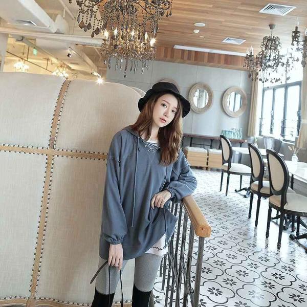 レディース トップス プルオーバー パーカー 長袖 フード付き 無地 ゆったり ルーズ ブルー フリーサイズ 送料無料