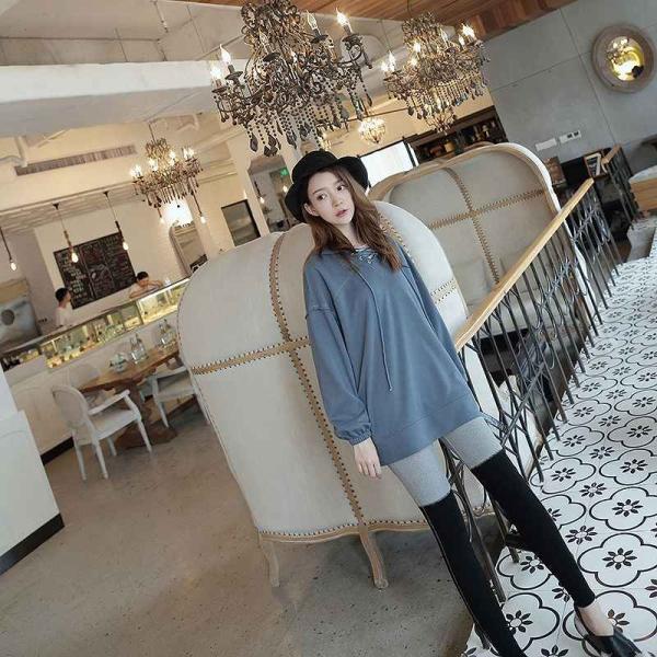 レディース トップス プルオーバー パーカー 長袖 フード付き 無地 ゆったり ルーズ ブルー フリーサイズ 送料無料