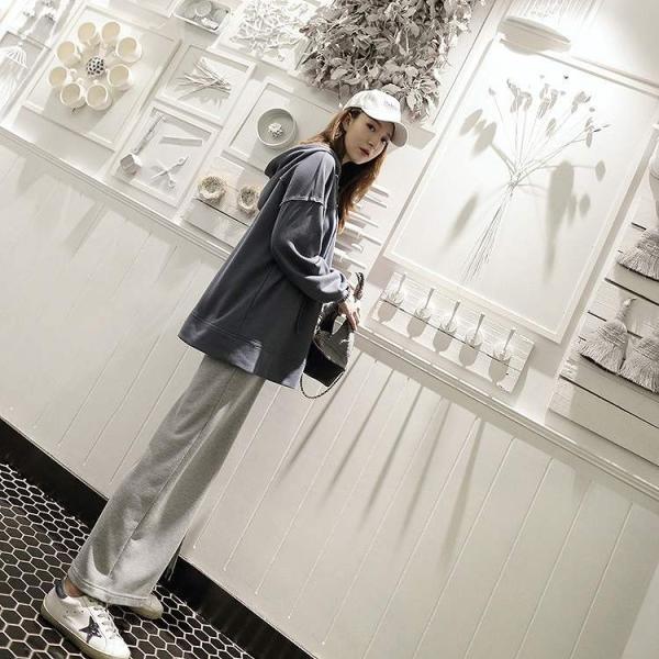 レディース トップス プルオーバー パーカー 長袖 フード付き 無地 ゆったり ルーズ ブルー フリーサイズ 送料無料