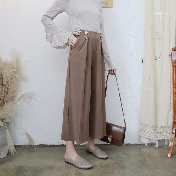 レディース ボトムス ワイドパンツ タック 8分丈 無地 ブラウン S M L 送料無料