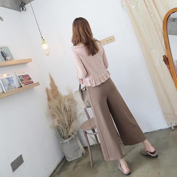 レディース ボトムス ワイドパンツ タック 8分丈 無地 ブラウン S M L 送料無料