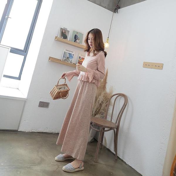 レディース ボトムス ニット ワイドパンツ アンクル丈 無地 カーキ ブラウン フリーサイズ 送料無料