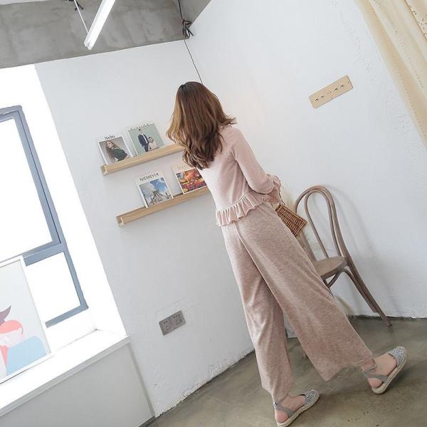 レディース ボトムス ニット ワイドパンツ アンクル丈 無地 カーキ ブラウン フリーサイズ 送料無料