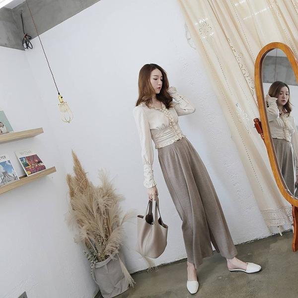 レディース ボトムス ニット ワイドパンツ アンクル丈 無地 カーキ ブラウン フリーサイズ 送料無料