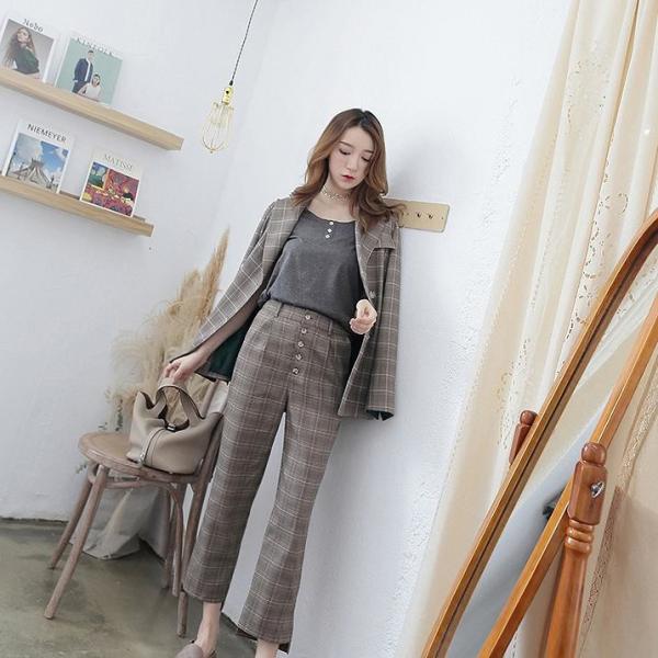 レディース ボトムス ストレートパンツ アンクル丈 格子柄 ハイウエスト グレー S M L 送料無料