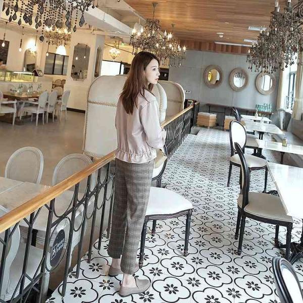 レディース ボトムス ストレートパンツ アンクル丈 格子柄 ハイウエスト グレー S M L 送料無料