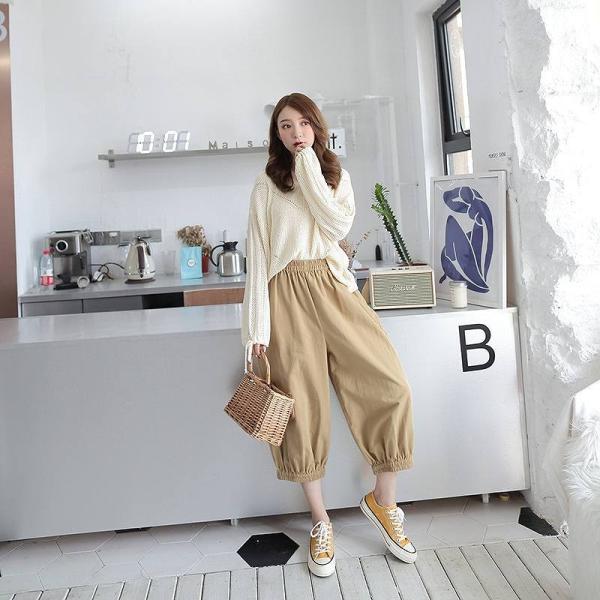 レディース ボトムス サルエルパンツ 7分丈 ゆったり 無地 ベージュ S M 送料無料