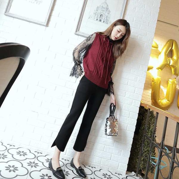 レディース ボトムス ストレート パンツ 8分丈 スリム 無地 ブラック S M L 送料無料