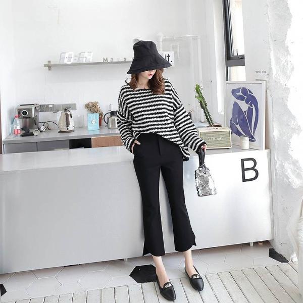 レディース ボトムス ストレート パンツ 8分丈 スリム 無地 ブラック S M L 送料無料