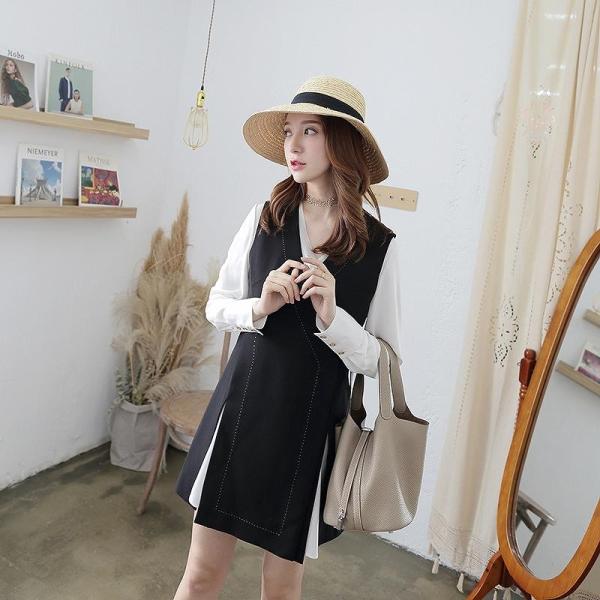 レディース ワンピース ミニワンピ Aライン Vネック 無地 ブラック S M L 送料無料