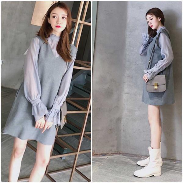 レディース 2点セット ワンピース ブラウス キャンディスリーブ ミニ丈 Vネック 長袖 グレー ベージュ S M サイズ 送料無料