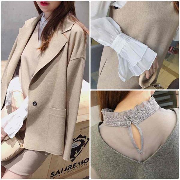 レディース 2点セット ワンピース ブラウス キャンディスリーブ ミニ丈 Vネック 長袖 グレー ベージュ S M サイズ 送料無料