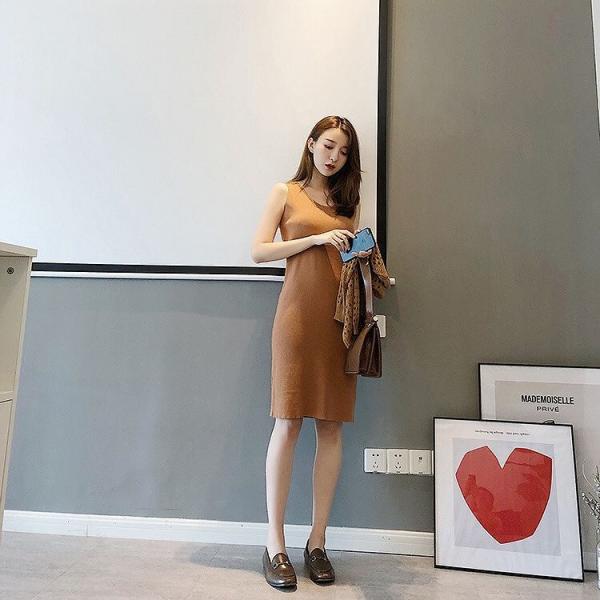 レディース ワンピース ニットワンピ ミディ丈 シンプル タイト スリム ノースリーブ ベージュ ブラウン フリーサイズ ワンサイズ 送料無料