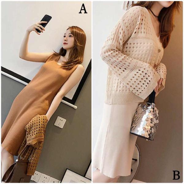 レディース ワンピース ニットワンピ ミディ丈 シンプル タイト スリム ノースリーブ ベージュ ブラウン フリーサイズ ワンサイズ 送料無料