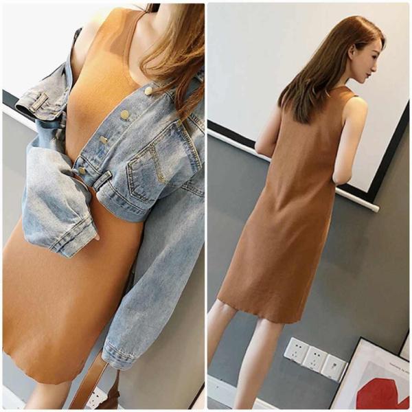 レディース ワンピース ニットワンピ ミディ丈 シンプル タイト スリム ノースリーブ ベージュ ブラウン フリーサイズ ワンサイズ 送料無料