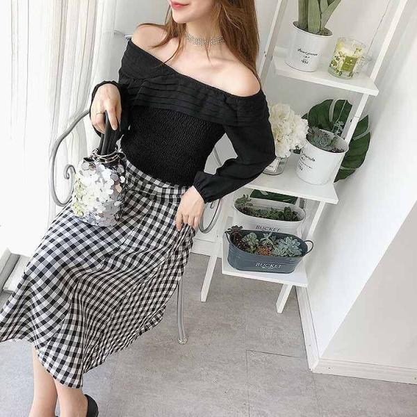 レディース スカート ハイウエスト ミモレ丈 チェック柄 フレアスカート 秋 冬 ボトムス グレー ブラック S M サイズ 送料無料