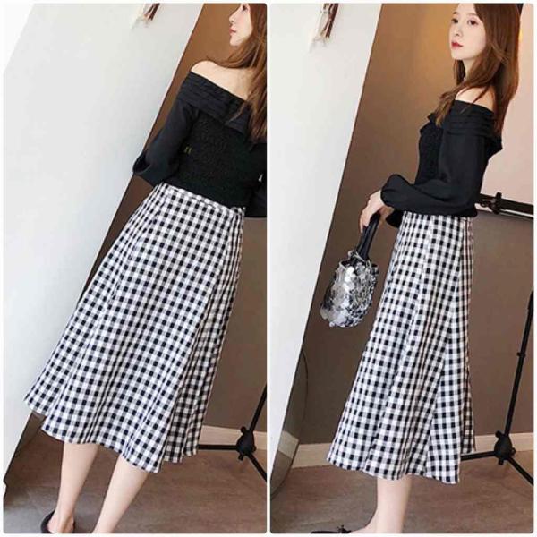 レディース スカート ハイウエスト ミモレ丈 チェック柄 フレアスカート 秋 冬 ボトムス グレー ブラック S M サイズ 送料無料