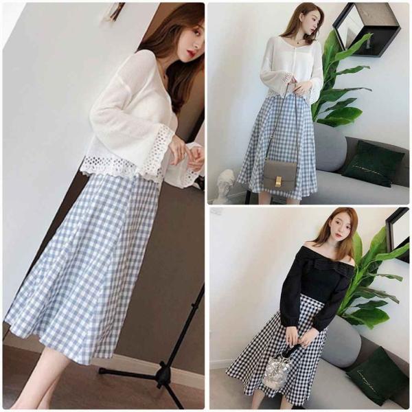 レディース スカート ハイウエスト ミモレ丈 チェック柄 フレアスカート 秋 冬 ボトムス グレー ブラック S M サイズ 送料無料