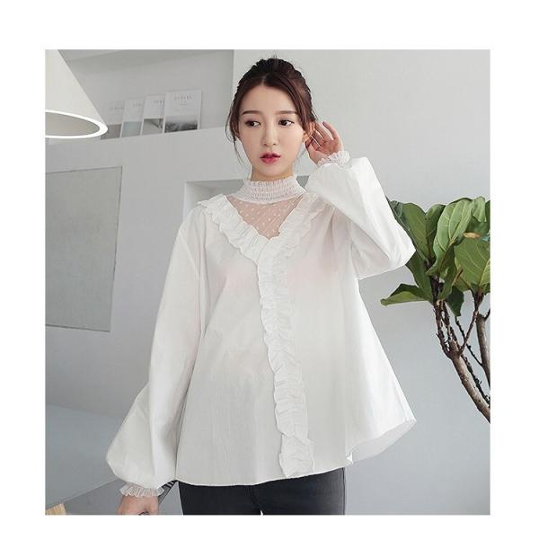 レディース ブラウス シャツ 長袖 Vネック フリル パフスリーブ トップス ブラウン ホワイト フリーサイズ ワンサイズ 送料無料