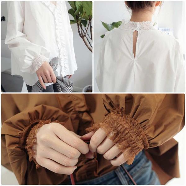 レディース ブラウス シャツ 長袖 Vネック フリル パフスリーブ トップス ブラウン ホワイト フリーサイズ ワンサイズ 送料無料