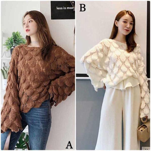 レディース ニット セーター フレアスリーブ シンプル ゆったり オーバーサイズ 長袖 トップス 秋 冬 ホワイト ブラウン フリーサイズ 送料無料