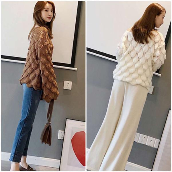 レディース ニット セーター フレアスリーブ シンプル ゆったり オーバーサイズ 長袖 トップス 秋 冬 ホワイト ブラウン フリーサイズ 送料無料