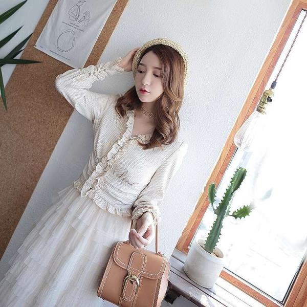 レディース ブラウス チェック柄 シャツ 長袖 Vネック フリル トップス ベージュ S M L サイズ 送料無料