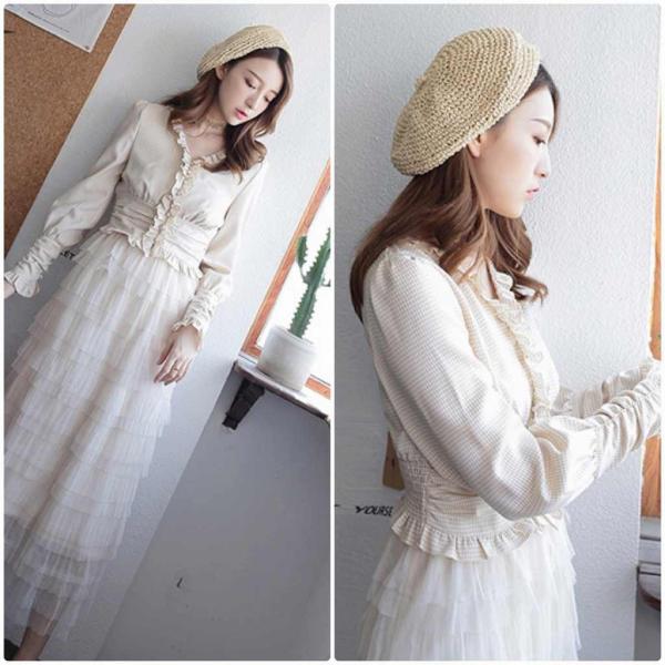 レディース ブラウス チェック柄 シャツ 長袖 Vネック フリル トップス ベージュ S M L サイズ 送料無料