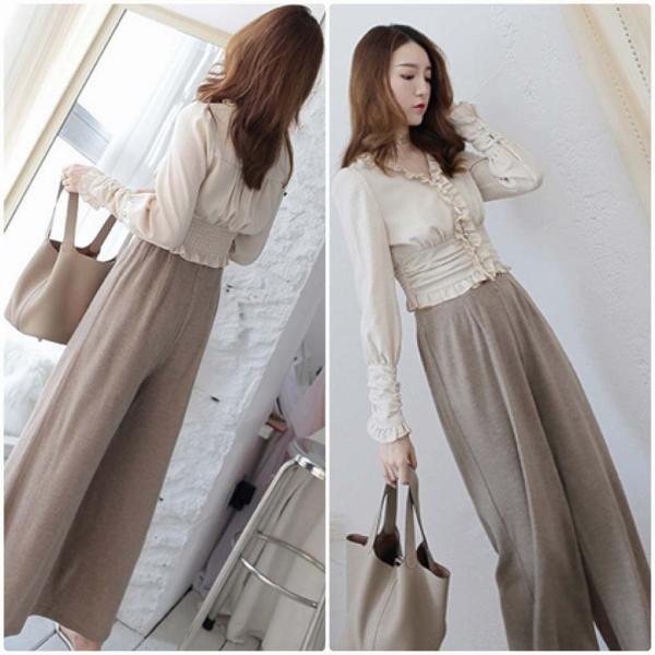 レディース ブラウス チェック柄 シャツ 長袖 Vネック フリル トップス ベージュ S M L サイズ 送料無料