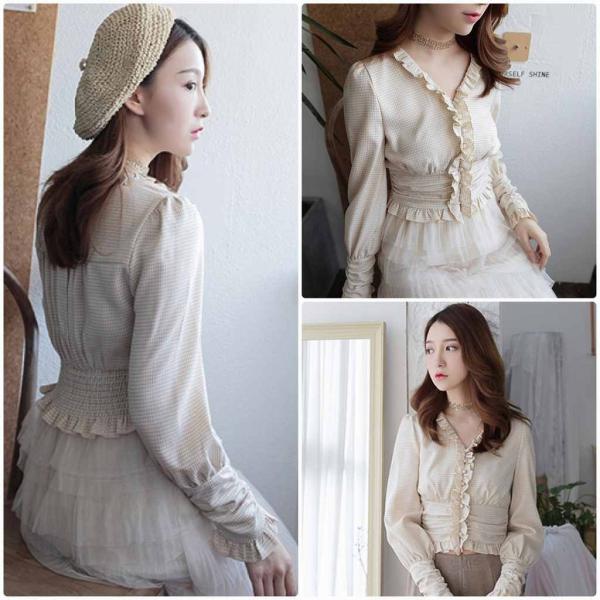 レディース ブラウス チェック柄 シャツ 長袖 Vネック フリル トップス ベージュ S M L サイズ 送料無料