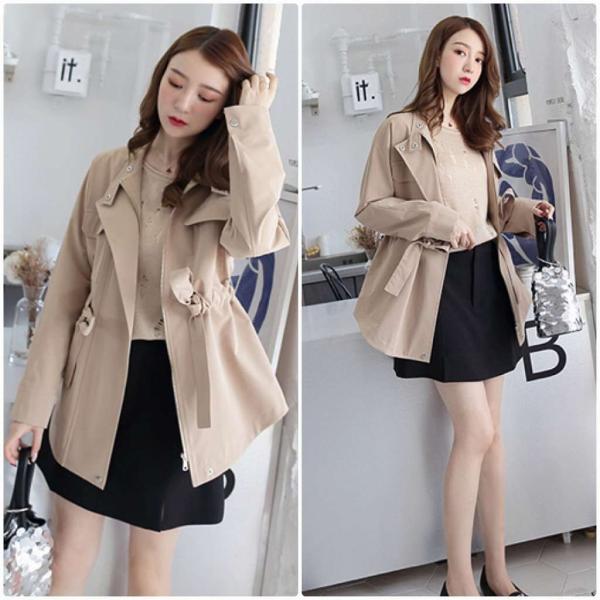 レディース ジャケット コート 腰紐 リボン アウター 長袖 カーキ S M サイズ 送料無料