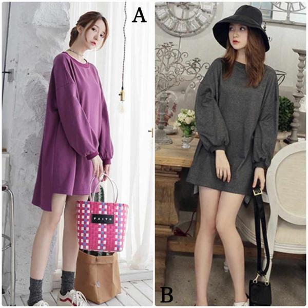 レディース スウェット ロング丈 パフスリーブ オーバーサイズ 無地 シンプル プルオーバー 長袖 トレーナー トップス フリーサイズ 送料無料