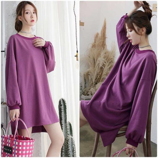 レディース スウェット ロング丈 パフスリーブ オーバーサイズ 無地 シンプル プルオーバー 長袖 トレーナー トップス フリーサイズ 送料無料