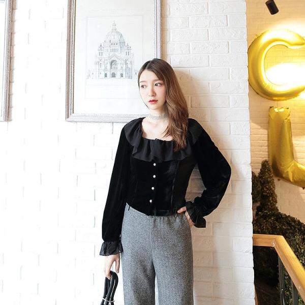 レディース ブラウス シャツ 長袖 キャンディスリーブ スクエアネック フリル トップス ブラック S M L サイズ 送料無料
