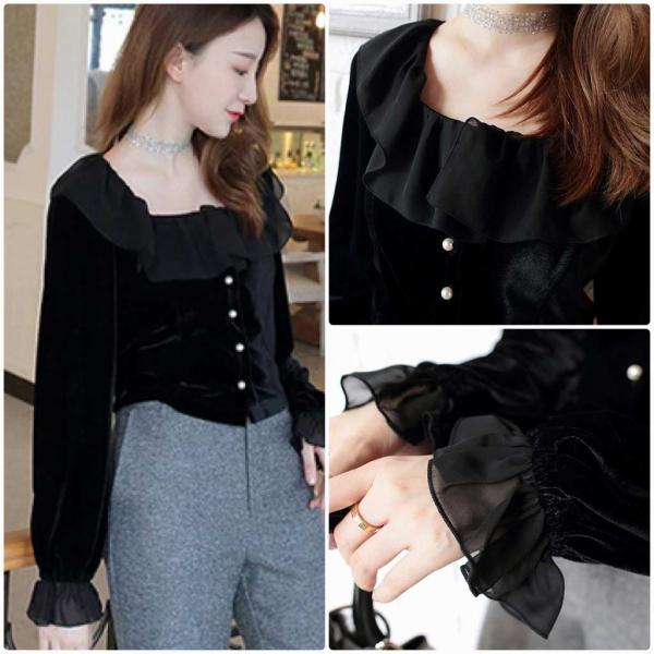 レディース ブラウス シャツ 長袖 キャンディスリーブ スクエアネック フリル トップス ブラック S M L サイズ 送料無料