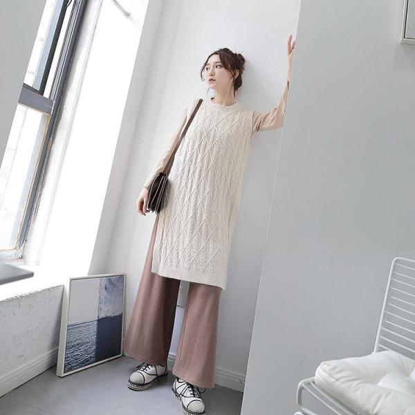 レディース ニット ベスト ロング丈 ノースリーブ セーター シンプル オーバーサイズ トップス 秋 冬 ホワイト ブラウン フリーサイズ 送料無料