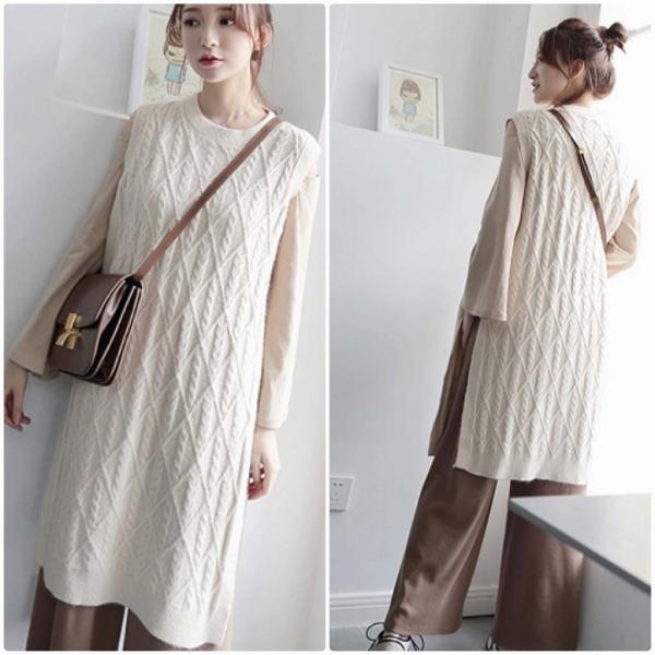 レディース ニット ベスト ロング丈 ノースリーブ セーター シンプル オーバーサイズ トップス 秋 冬 ホワイト ブラウン フリーサイズ 送料無料