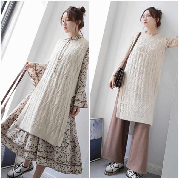 レディース ニット ベスト ロング丈 ノースリーブ セーター シンプル オーバーサイズ トップス 秋 冬 ホワイト ブラウン フリーサイズ 送料無料