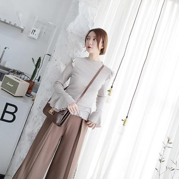 レディース カットソー フリル フレアスリーブ ハイネック 長袖 ロングTシャツ 無地 シンプル トップス ベージュ フリーサイズ 送料無料