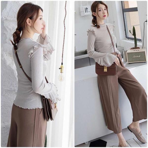 レディース カットソー フリル フレアスリーブ ハイネック 長袖 ロングTシャツ 無地 シンプル トップス ベージュ フリーサイズ 送料無料