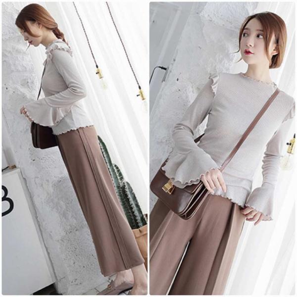 レディース カットソー フリル フレアスリーブ ハイネック 長袖 ロングTシャツ 無地 シンプル トップス ベージュ フリーサイズ 送料無料