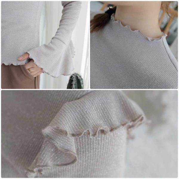 レディース カットソー フリル フレアスリーブ ハイネック 長袖 ロングTシャツ 無地 シンプル トップス ベージュ フリーサイズ 送料無料