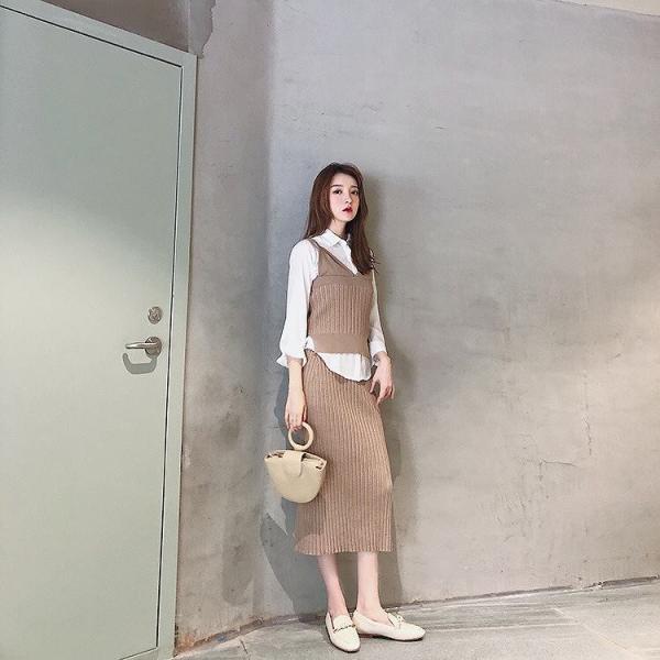 レディース 上下2点セット ニット キャミソール スカート ミモレ丈 トップス カットソー ボトムス カーキ グレー フリーサイズ 送料無料