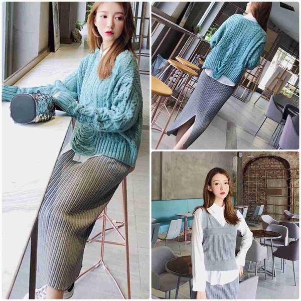 レディース 上下2点セット ニット キャミソール スカート ミモレ丈 トップス カットソー ボトムス カーキ グレー フリーサイズ 送料無料