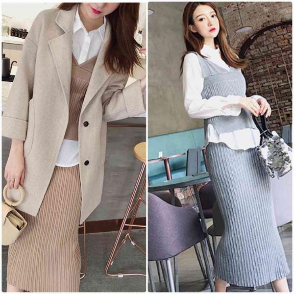 レディース 上下2点セット ニット キャミソール スカート ミモレ丈 トップス カットソー ボトムス カーキ グレー フリーサイズ 送料無料