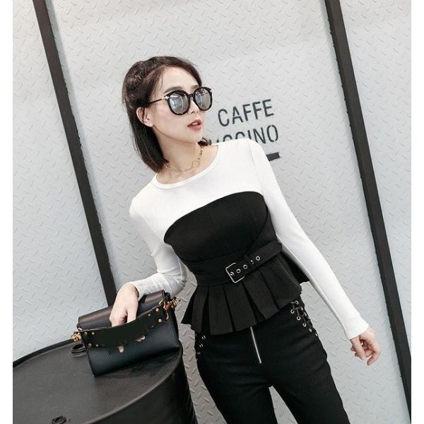 レディース レイヤード風 チューブトップ＋ロングTシャツ 長袖 無地 シンプル ロンT トップス ブラック×ホワイト S M L サイズ 送料無料