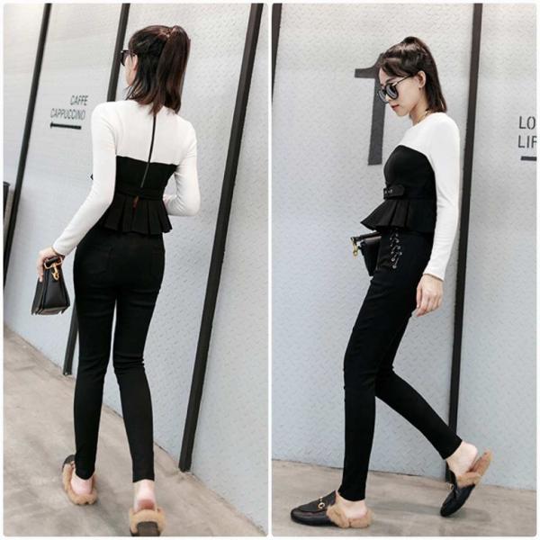 レディース レイヤード風 チューブトップ＋ロングTシャツ 長袖 無地 シンプル ロンT トップス ブラック×ホワイト S M L サイズ 送料無料