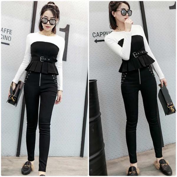 レディース レイヤード風 チューブトップ＋ロングTシャツ 長袖 無地 シンプル ロンT トップス ブラック×ホワイト S M L サイズ 送料無料