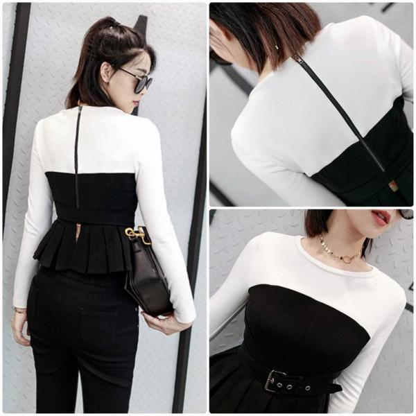 レディース レイヤード風 チューブトップ＋ロングTシャツ 長袖 無地 シンプル ロンT トップス ブラック×ホワイト S M L サイズ 送料無料